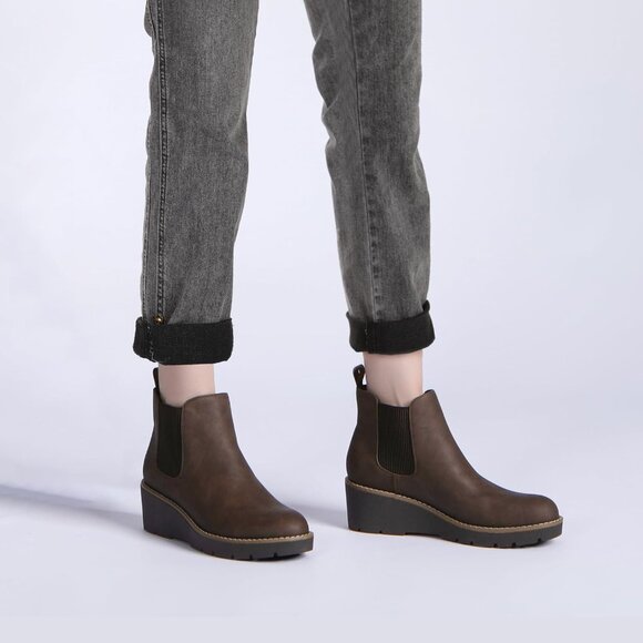 ⚡Women's Dark Brown Chelsea Wedge Ankle Boots Elastic Platform Lug Sole Slip on - Picture 2 of 7